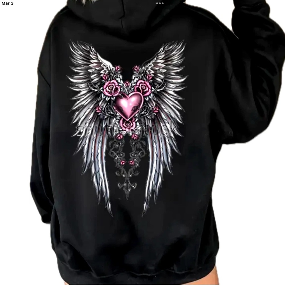 NEVER WORN Womens Wings Heart HOODIE Full Zip Black and Pink XXL Roses